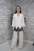 White Pinstripe Lace Trim Suit Set