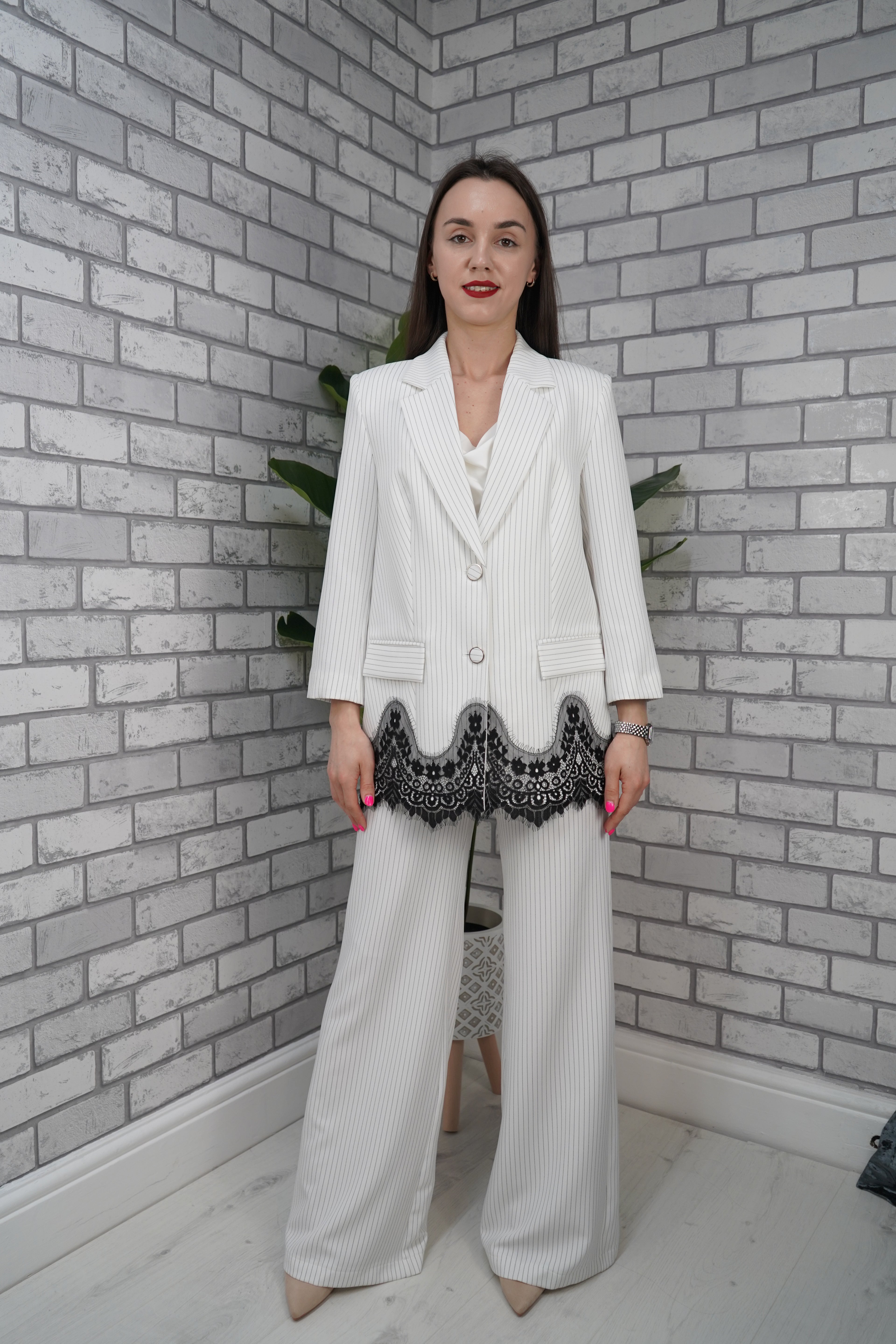 White Pinstripe Lace Trim Suit Set