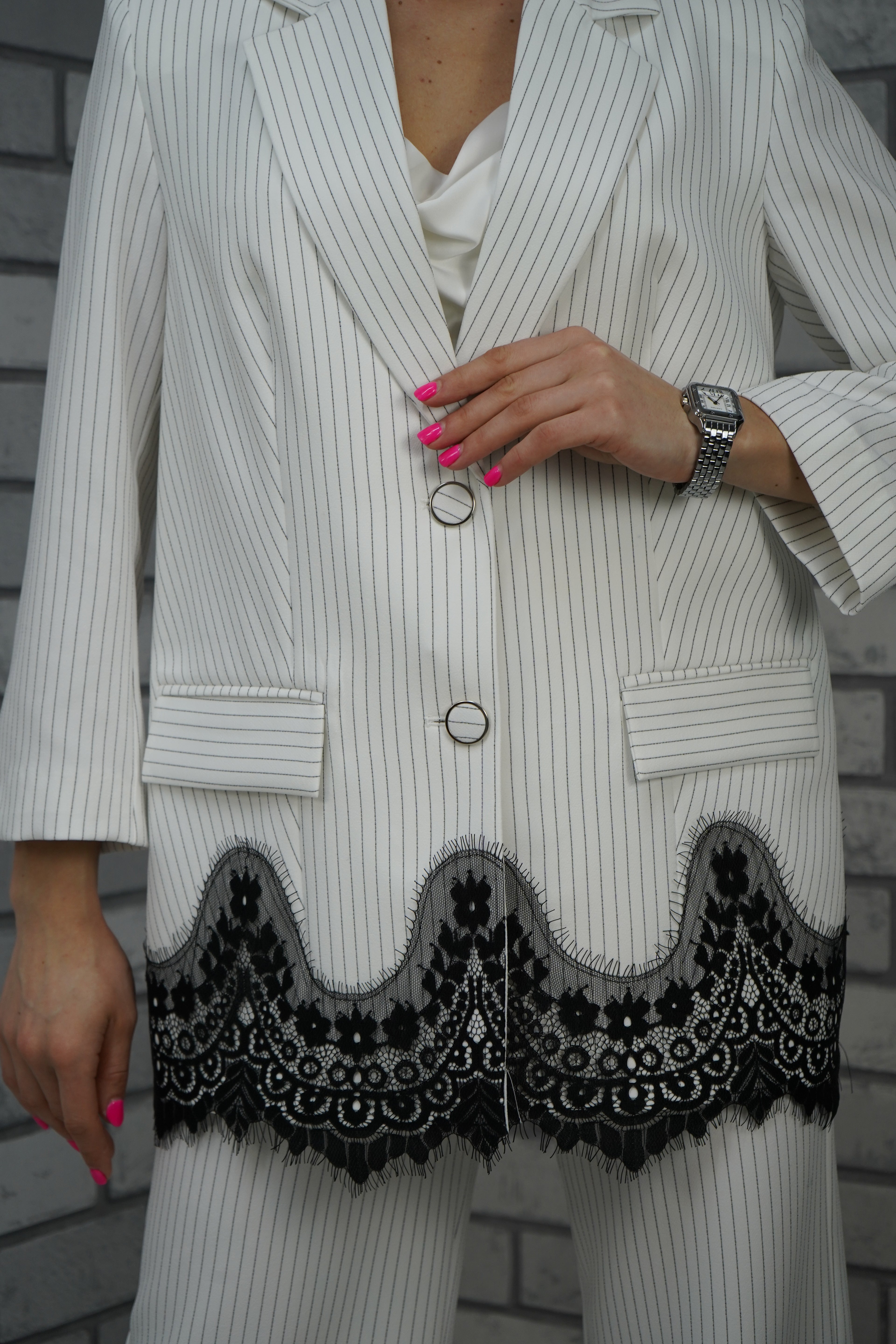 White Pinstripe Lace Trim Suit Set
