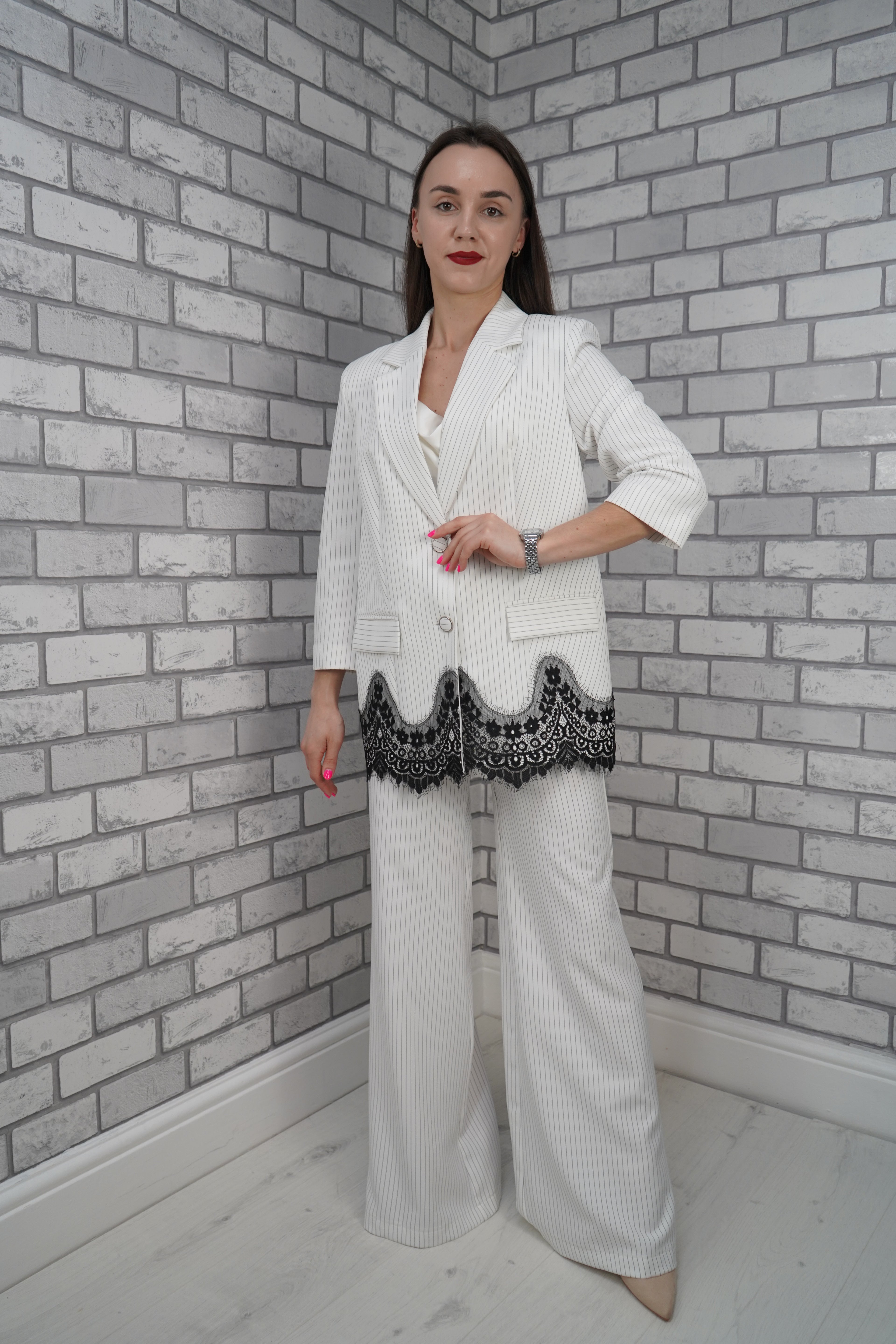 White Pinstripe Lace Trim Suit Set