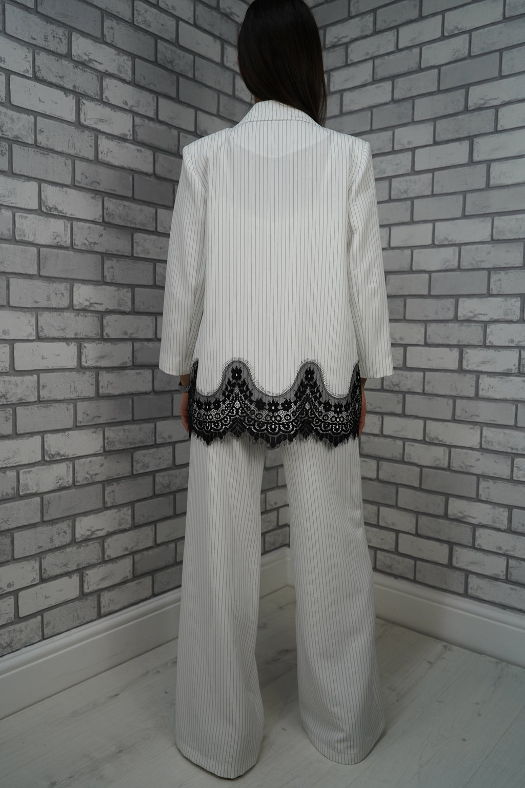 White Pinstripe Lace Trim Suit Set