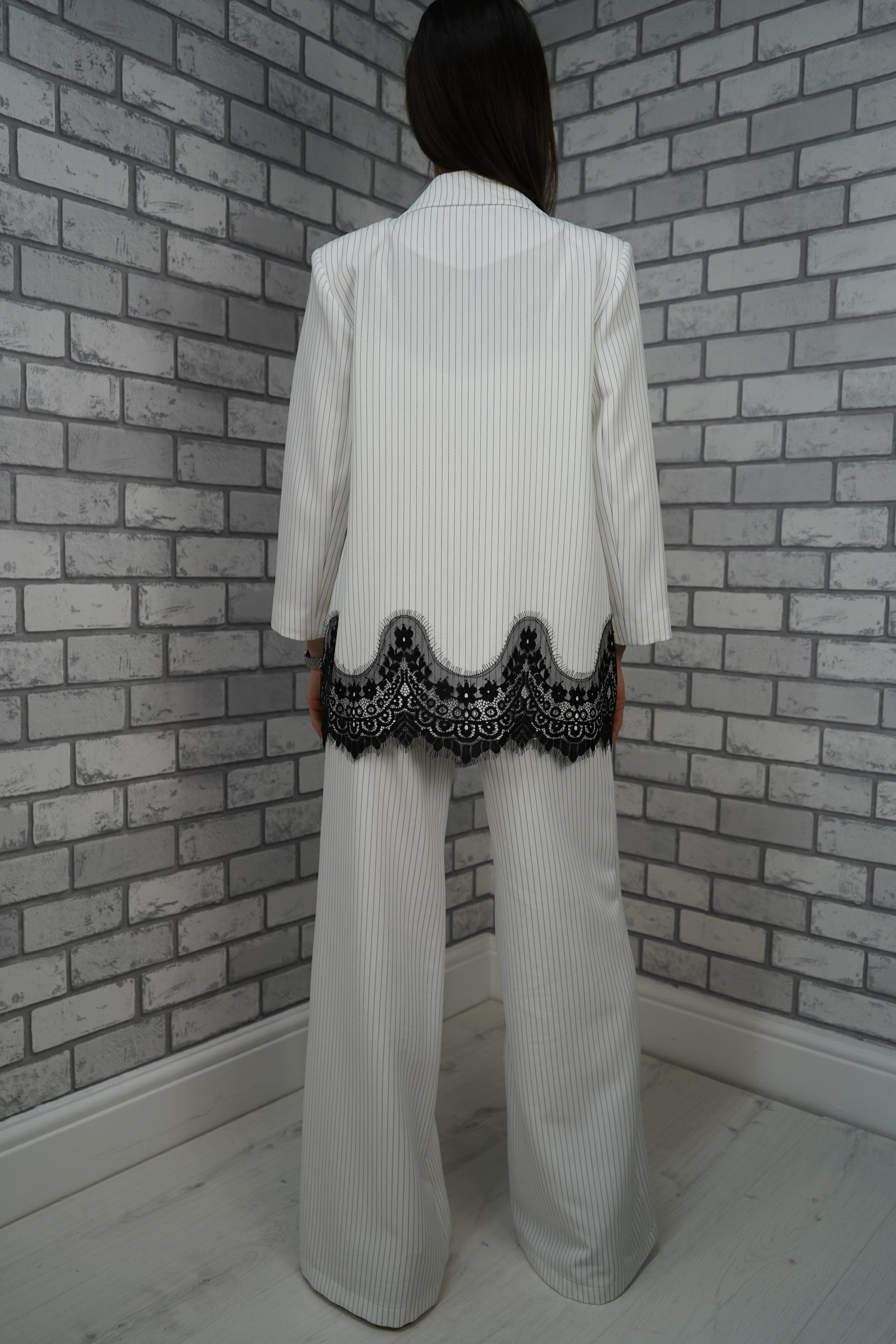 White Pinstripe Lace Trim Suit Set