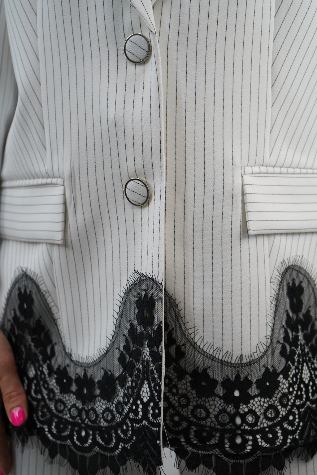 White Pinstripe Lace Trim Suit Set
