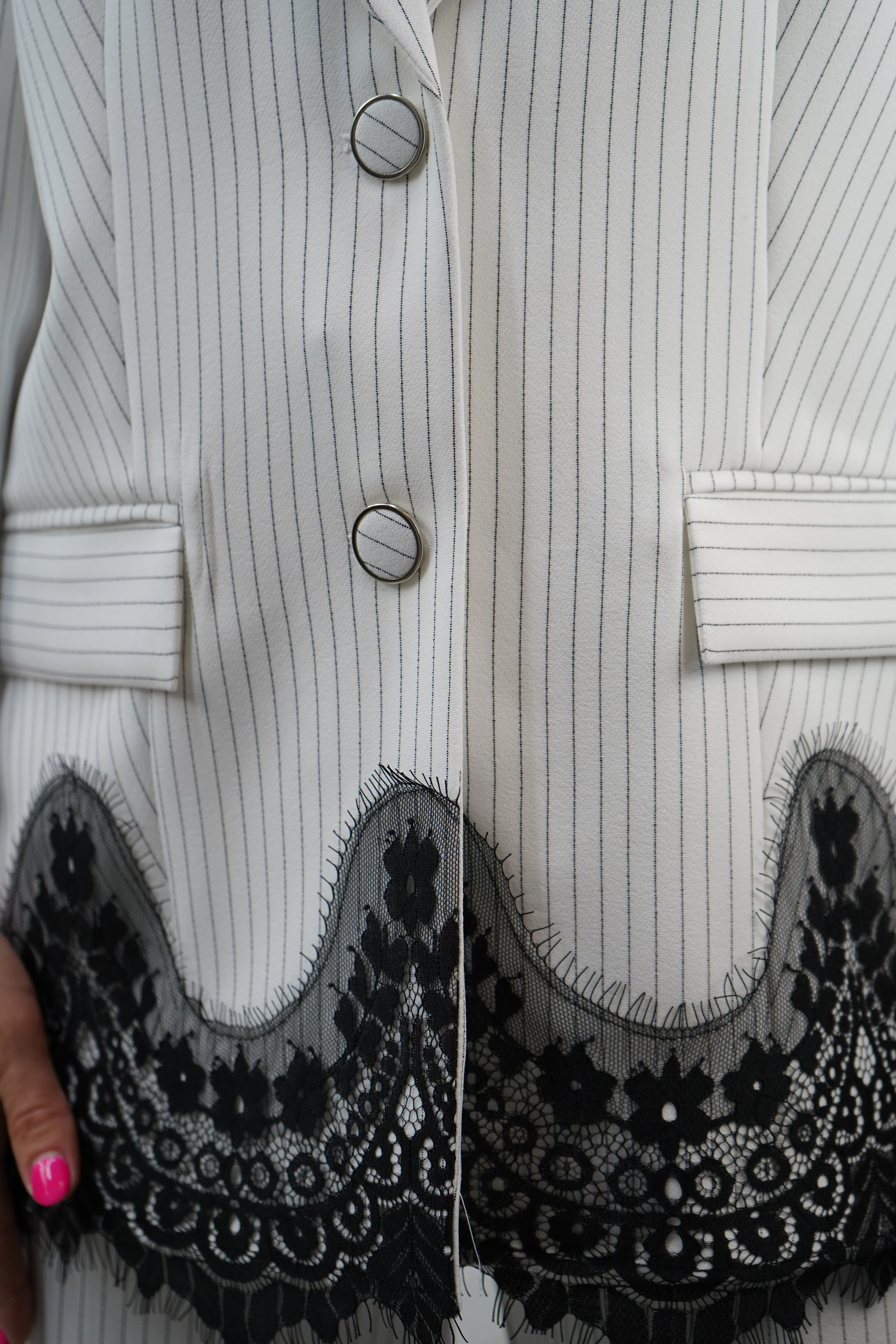 White Pinstripe Lace Trim Suit Set