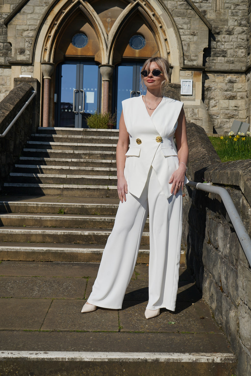 White  Gold Button Suit Set
