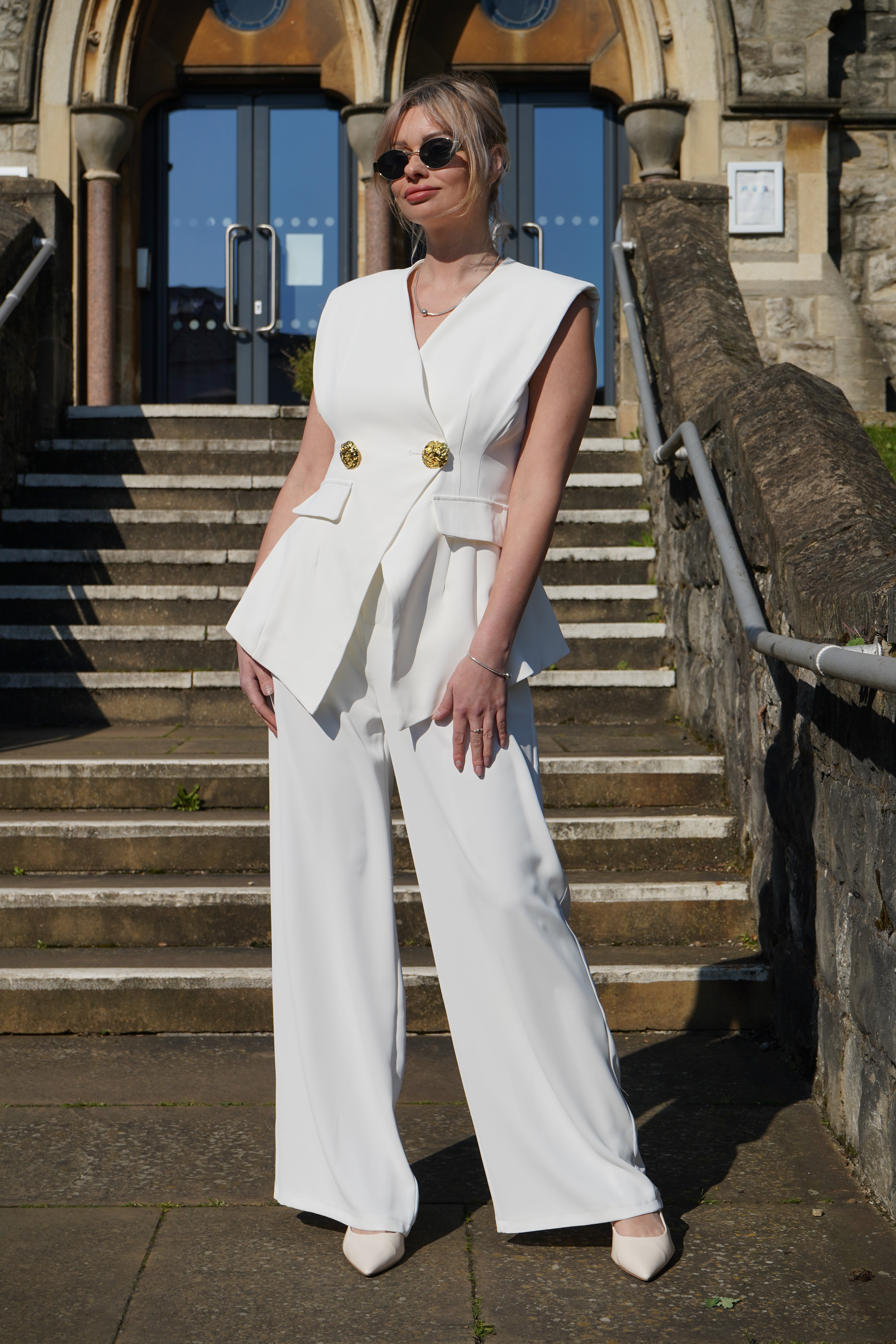 White  Gold Button Suit Set