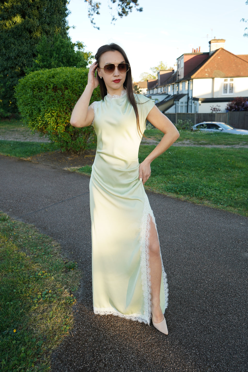 Luxe Satin Lace Maxi Dress – Mint Green