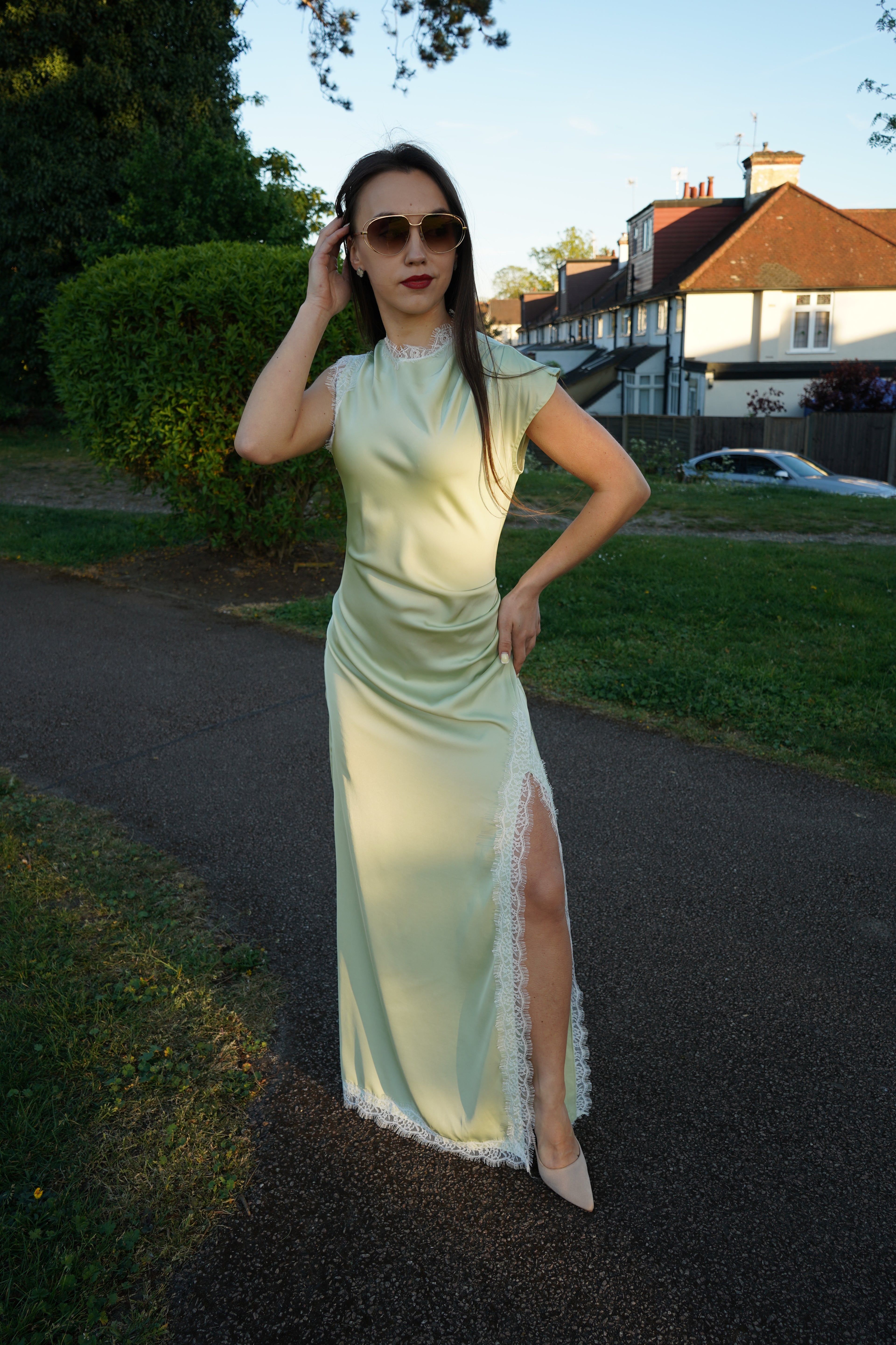 Luxe Satin Lace Maxi Dress – Mint Green