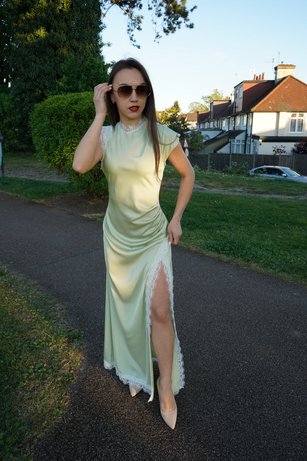 Luxe Satin Lace Maxi Dress – Mint Green
