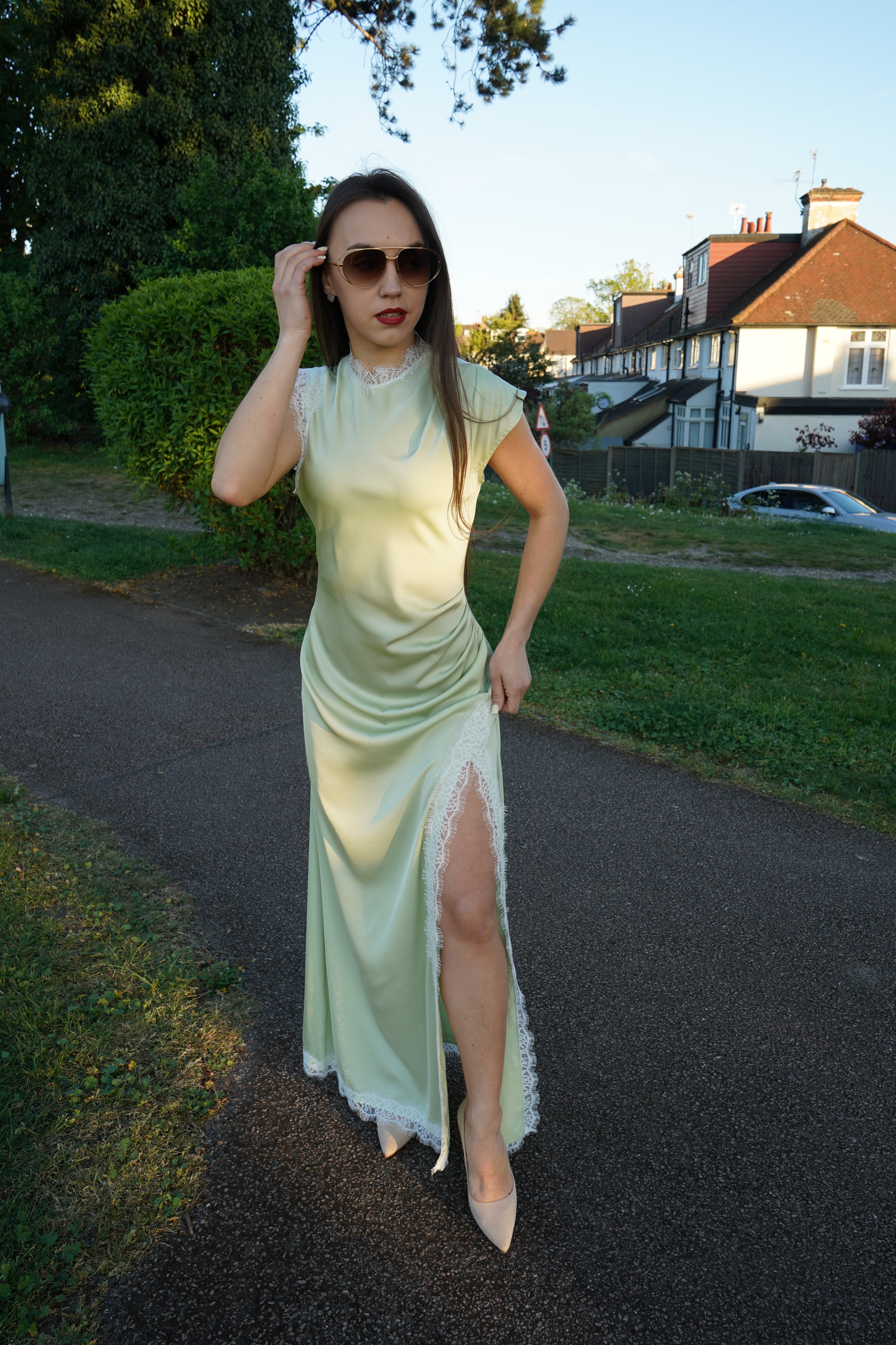 Luxe Satin Lace Maxi Dress – Mint Green