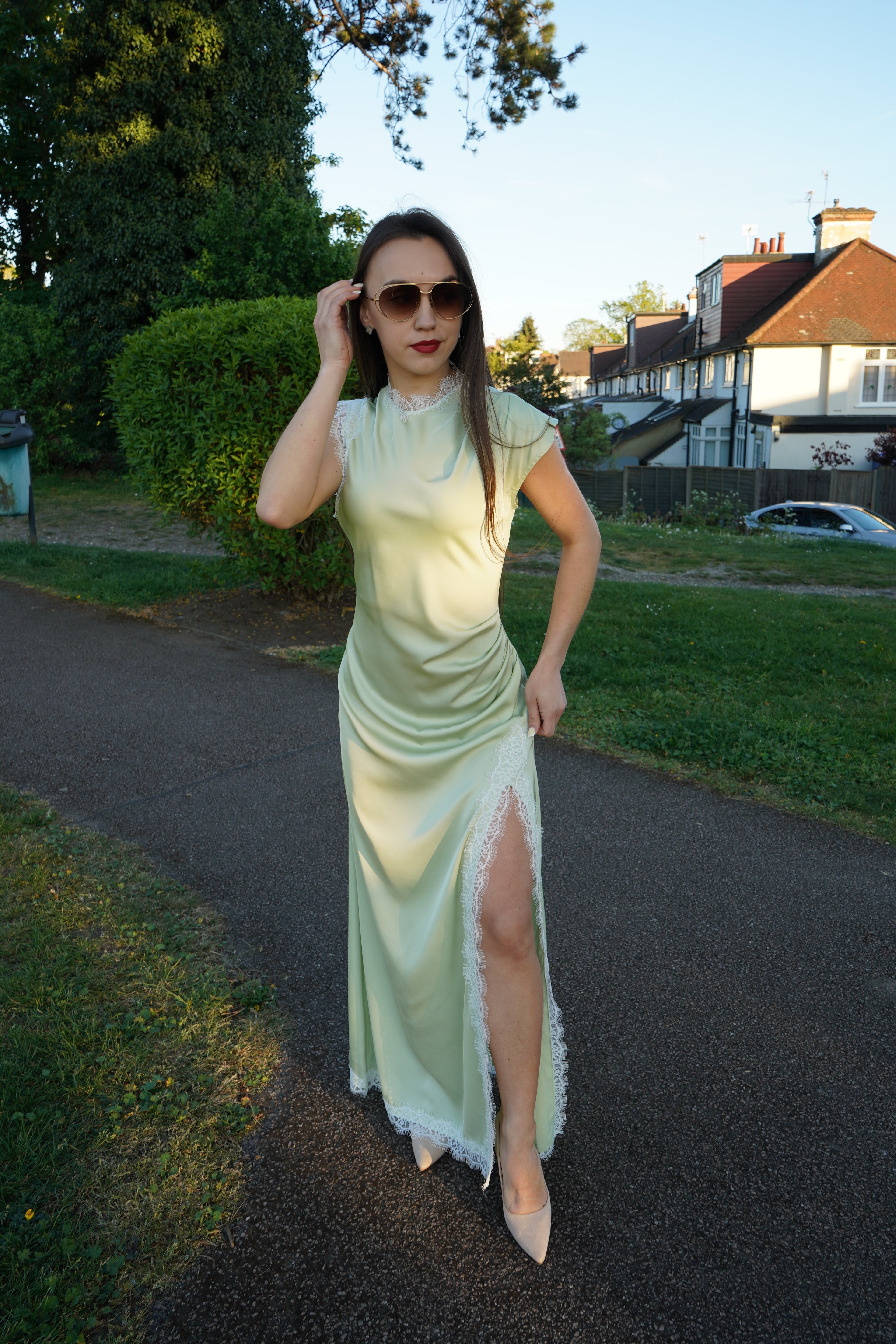 Luxe Satin Lace Maxi Dress – Mint Green
