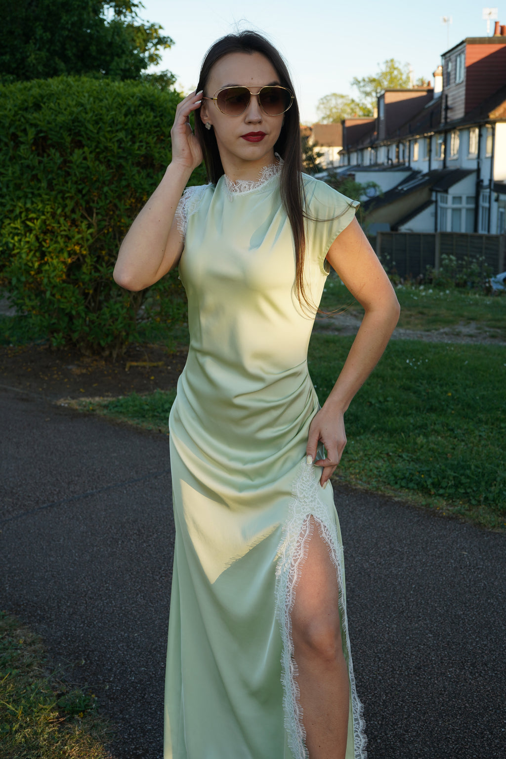 Luxe Satin Lace Maxi Dress – Mint Green