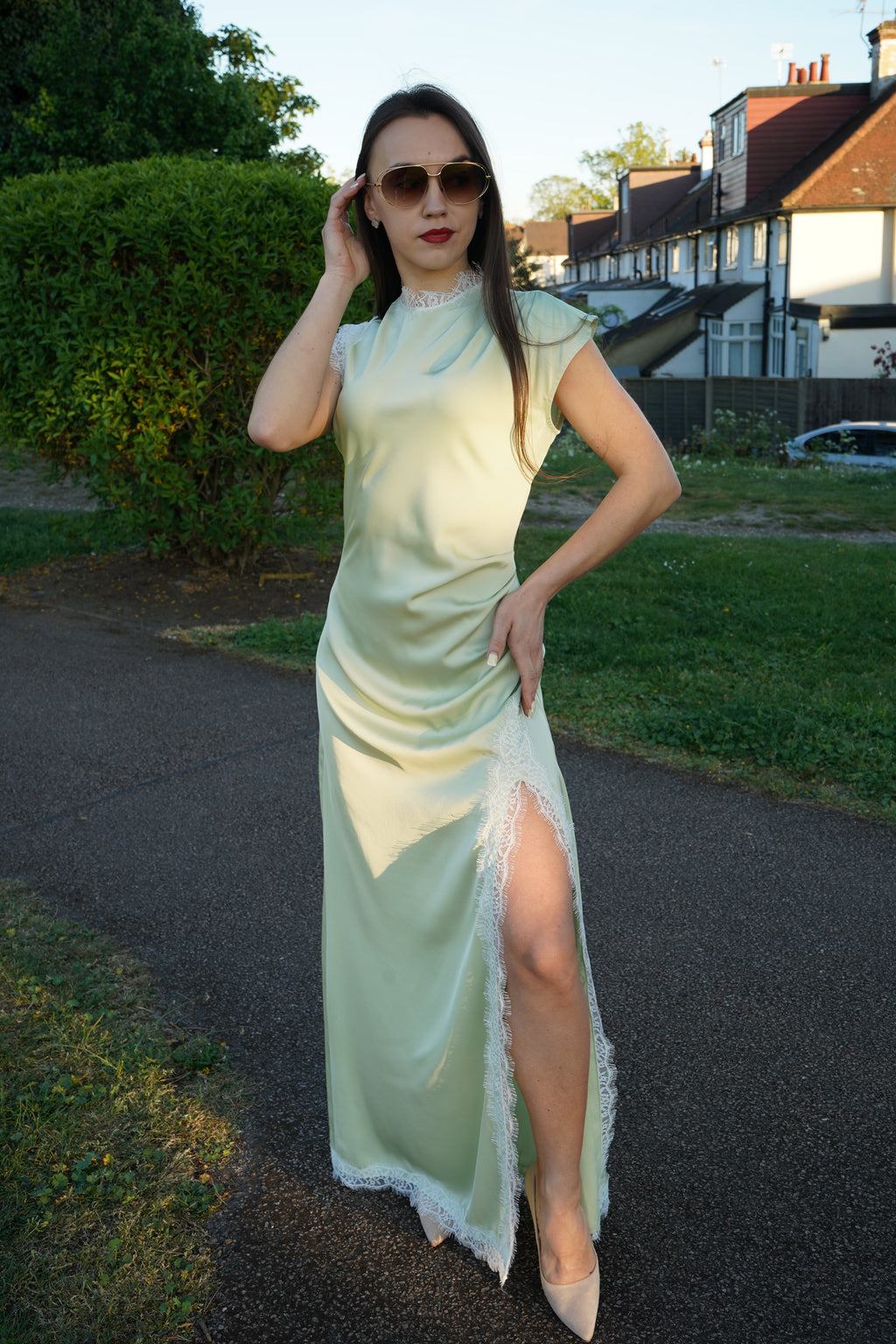 Luxe Satin Lace Maxi Dress – Mint Green