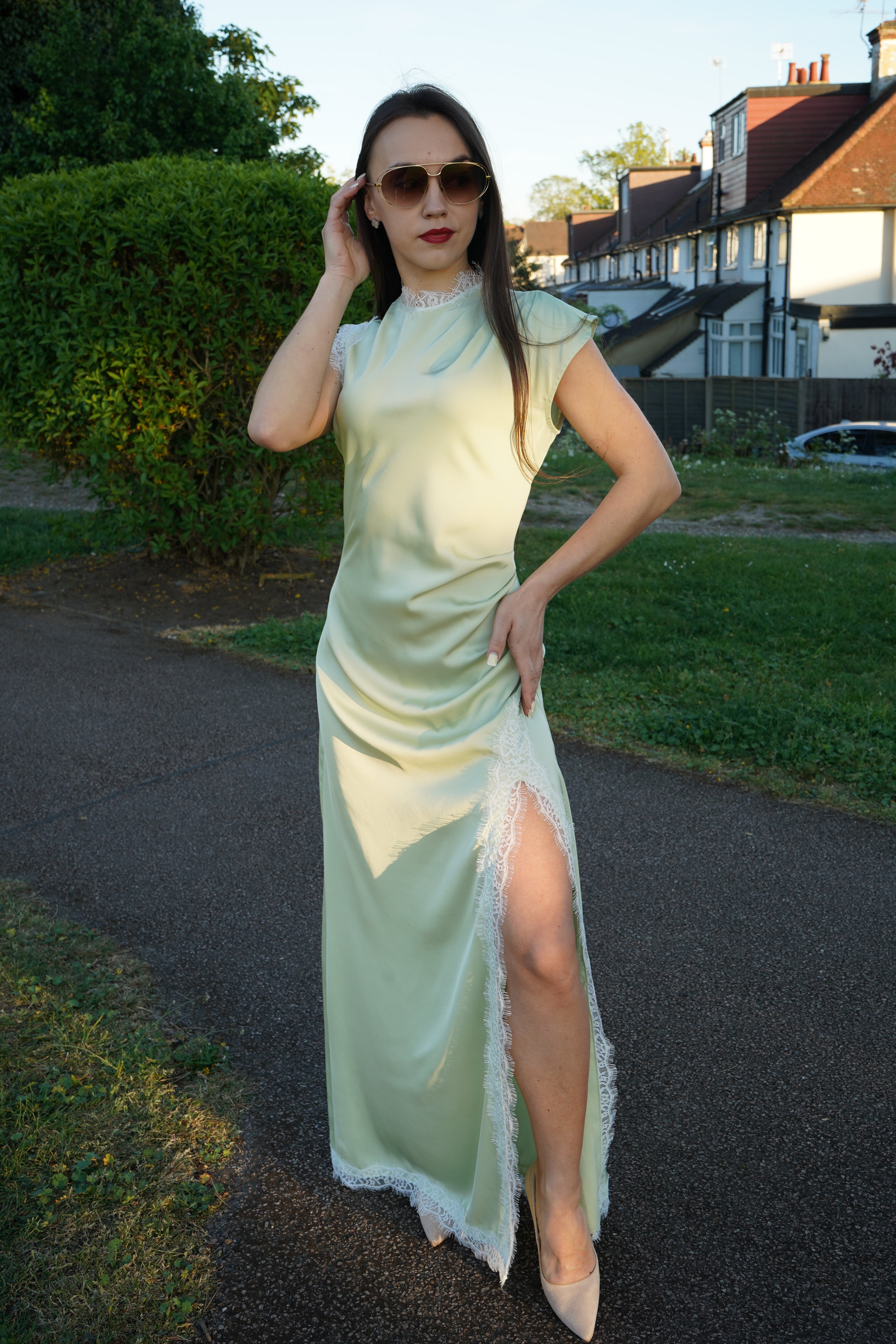 Luxe Satin Lace Maxi Dress – Mint Green