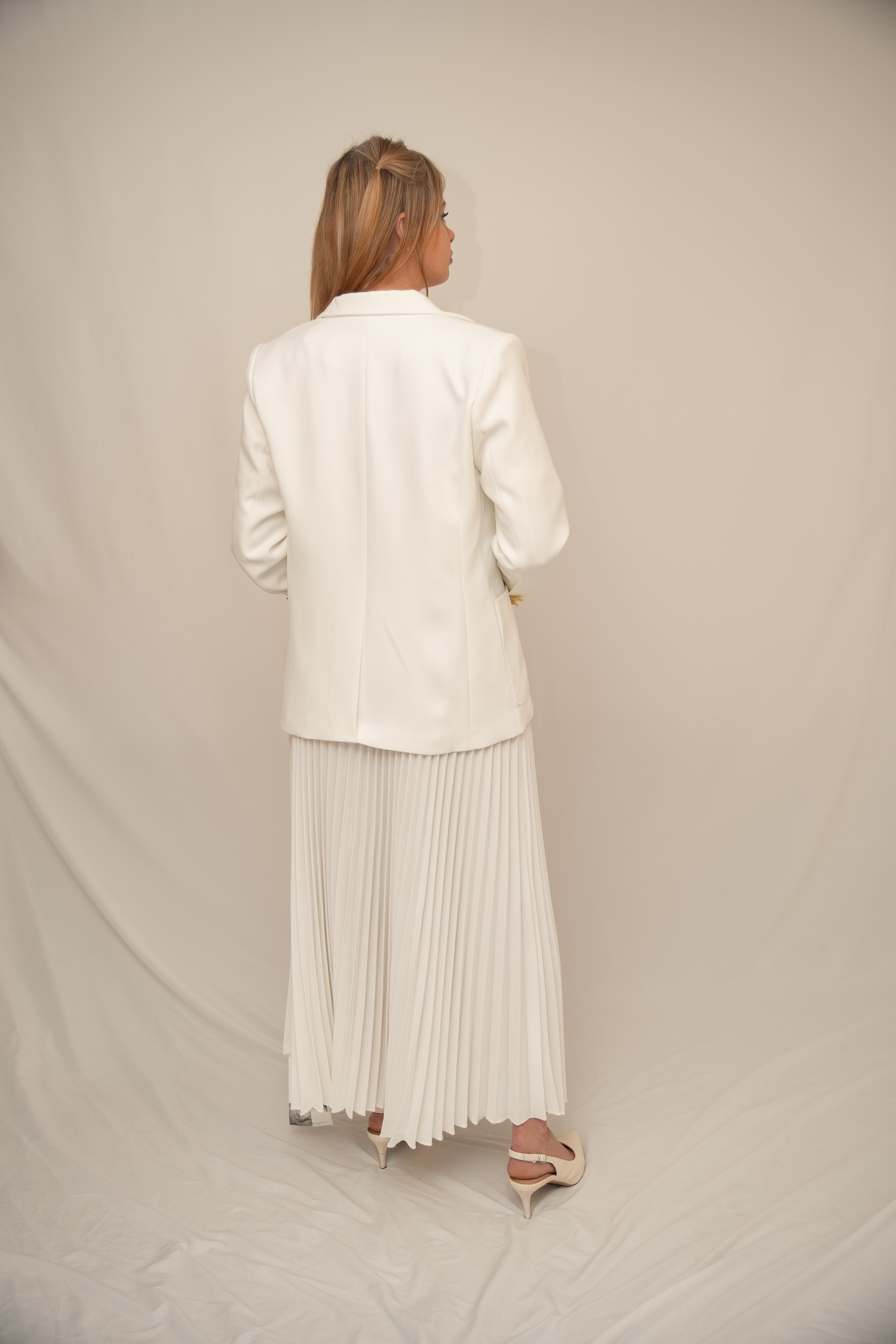 Elegant White Blazer & Pleated Midi Skirt Set