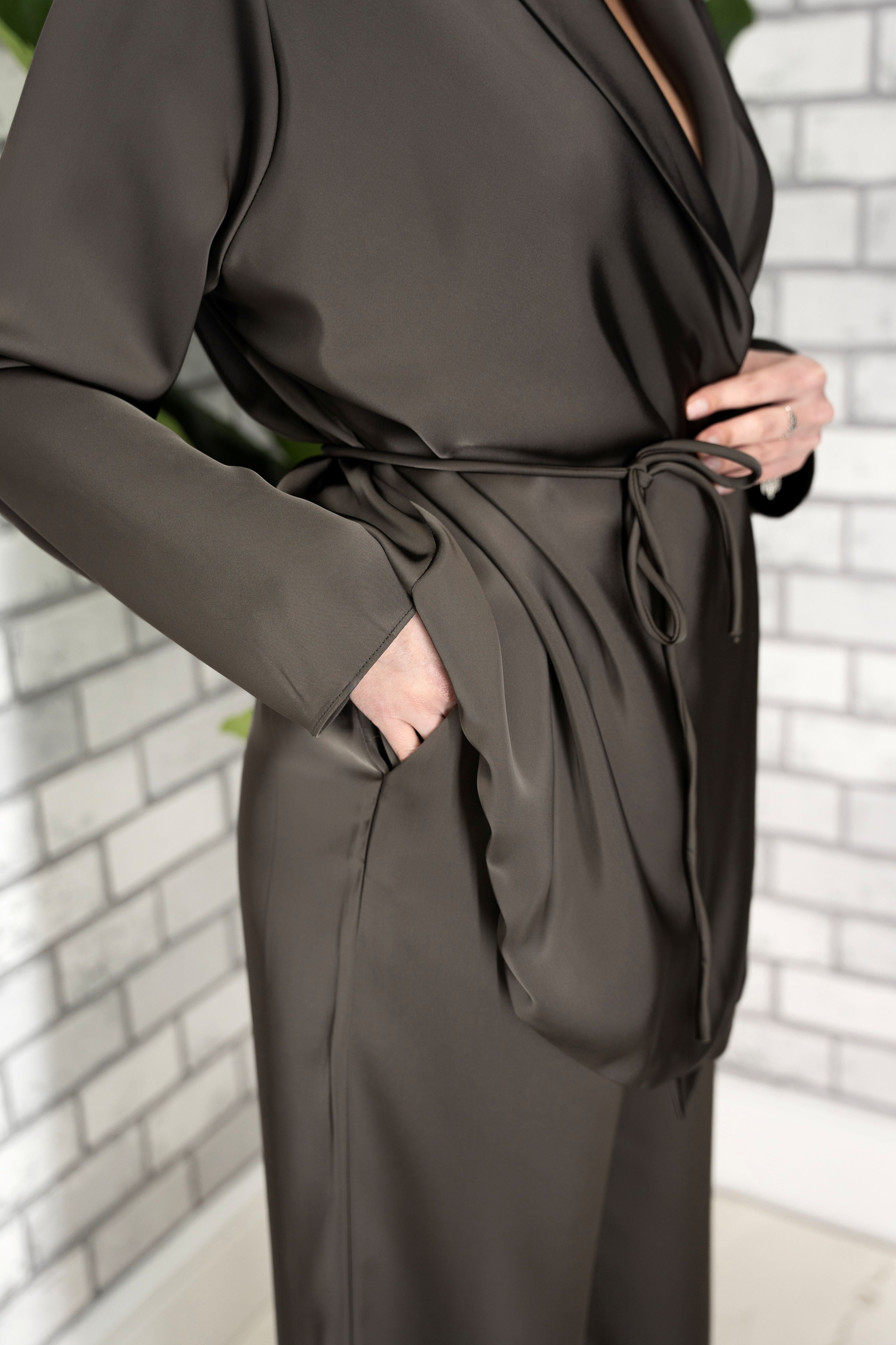 Elegant satin set in a refined graphite shade — minimal, feminine and effortlessly chic