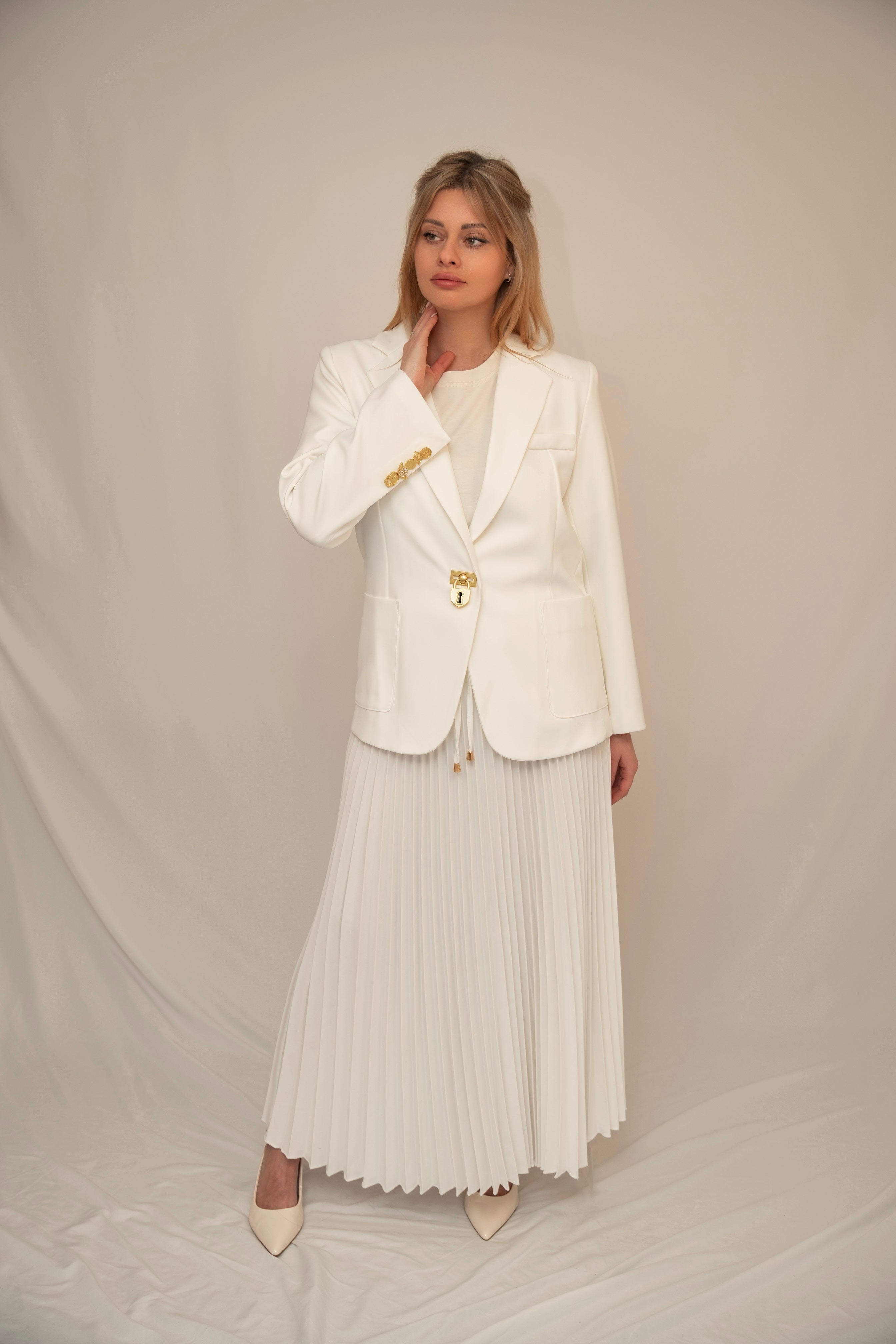 Elegant White Blazer & Pleated Midi Skirt Set