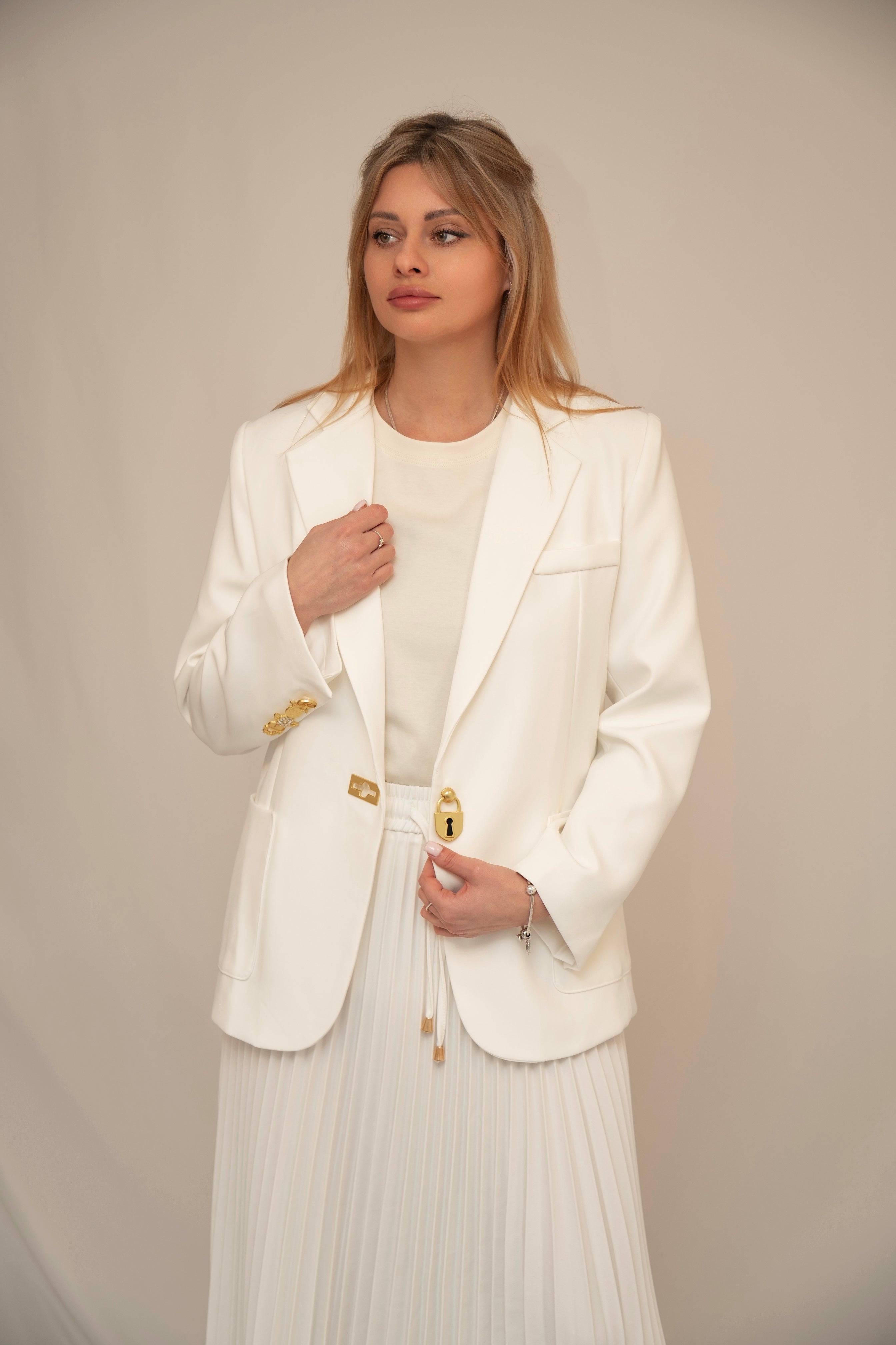 Elegant White Blazer & Pleated Midi Skirt Set