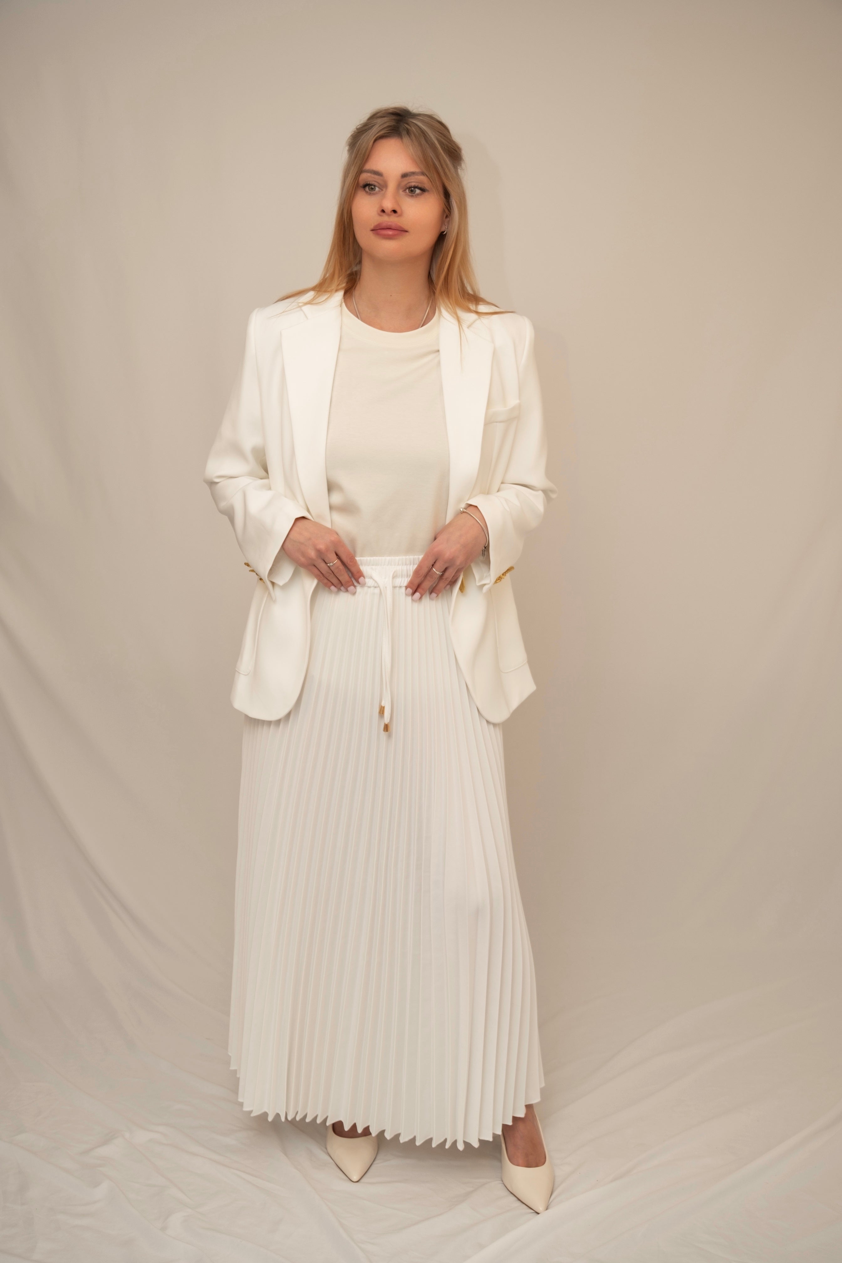 Elegant White Blazer & Pleated Midi Skirt Set