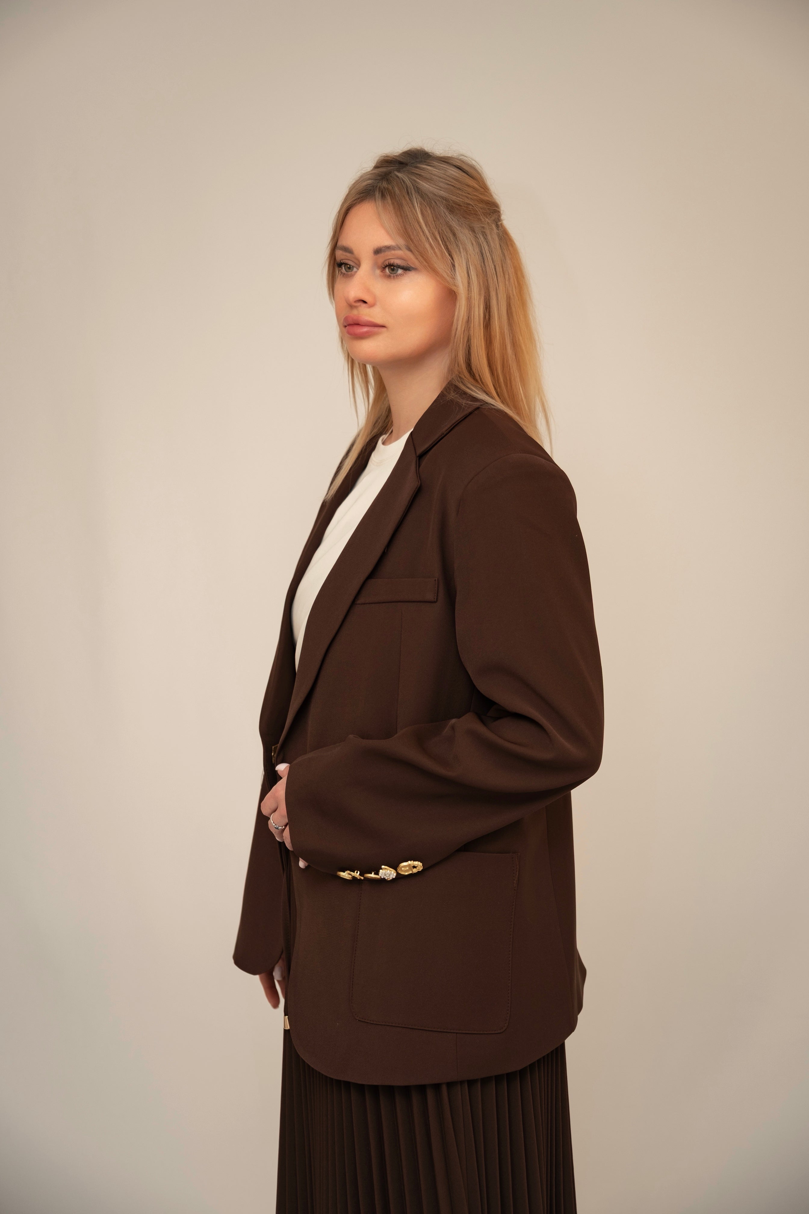 Chocolate Blazer & Pleated Midi Skirt Set