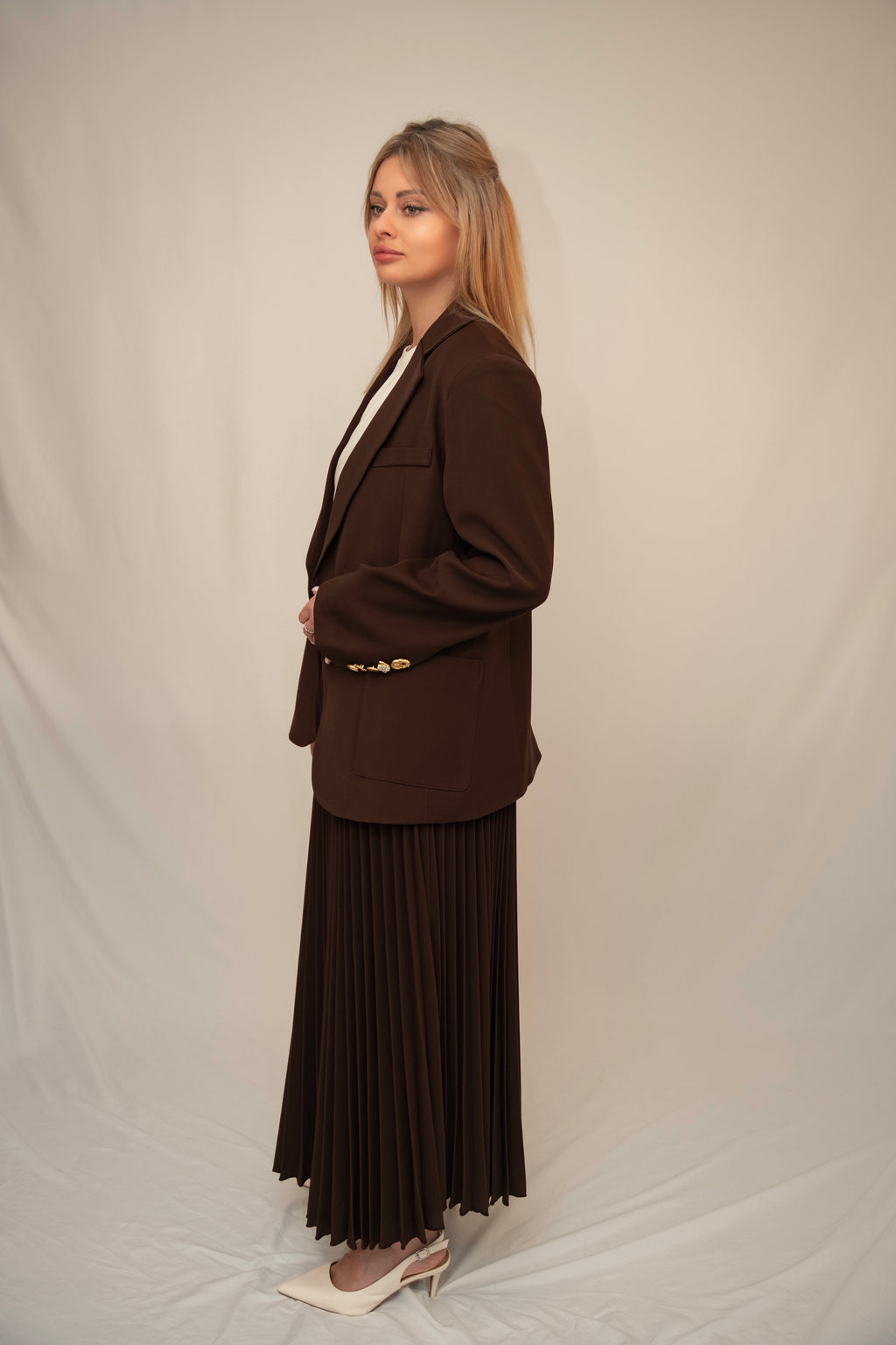 Chocolate Blazer & Pleated Midi Skirt Set