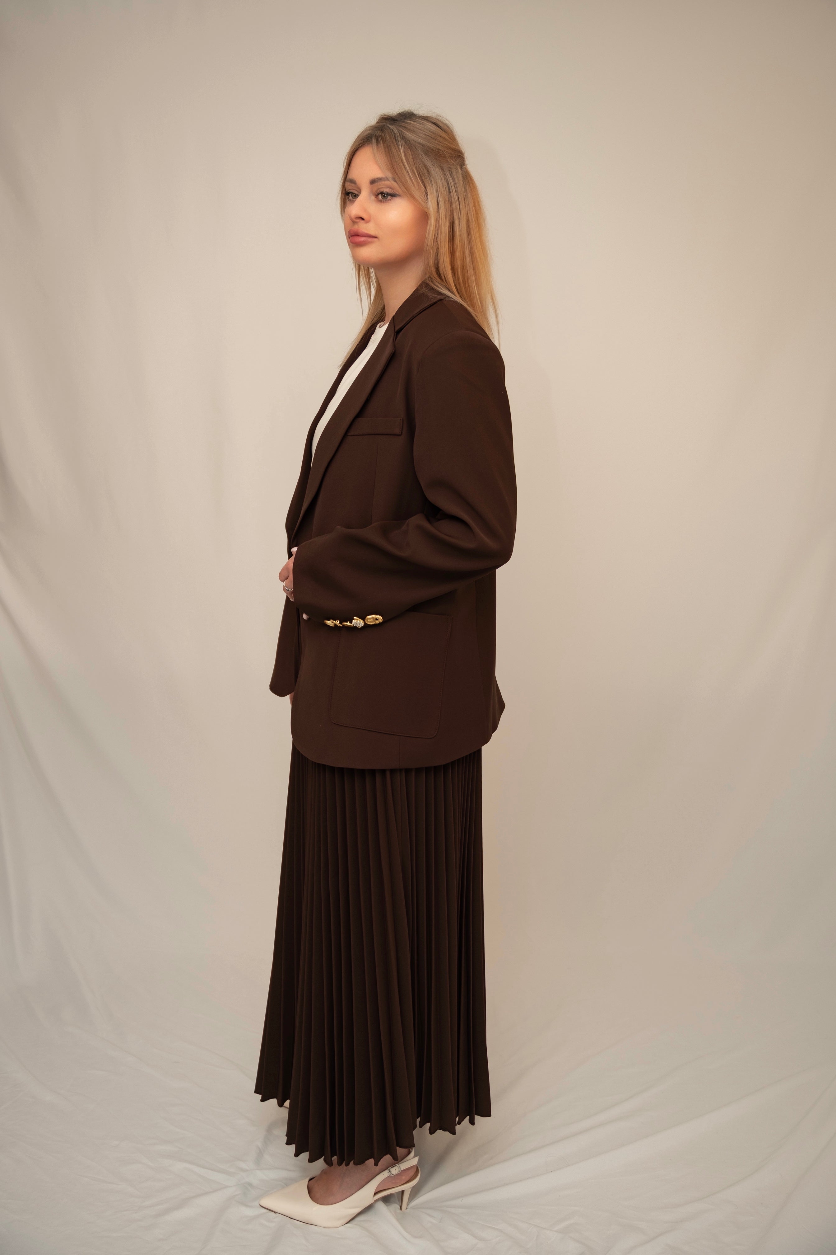 Chocolate Blazer & Pleated Midi Skirt Set