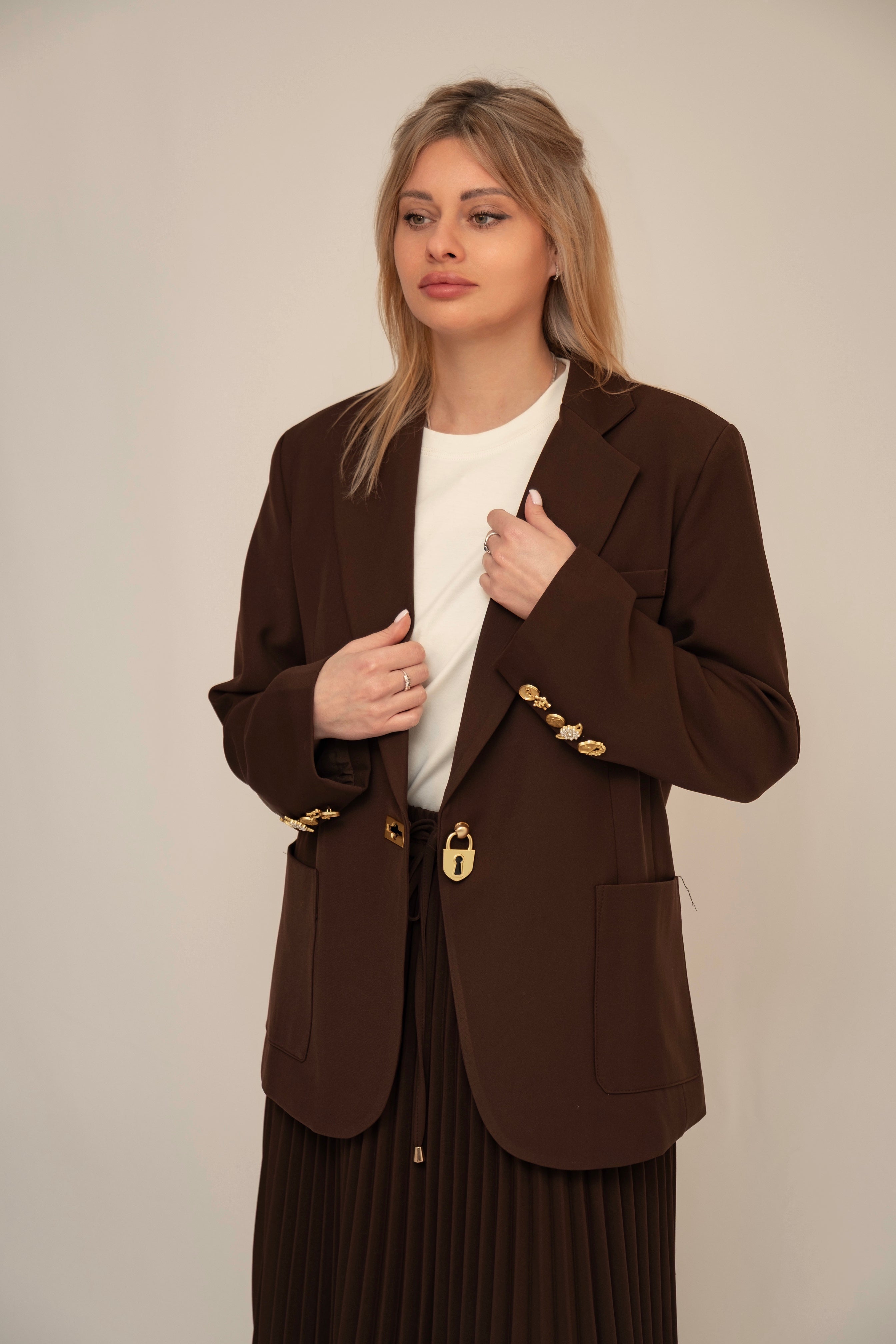 Chocolate Blazer & Pleated Midi Skirt Set