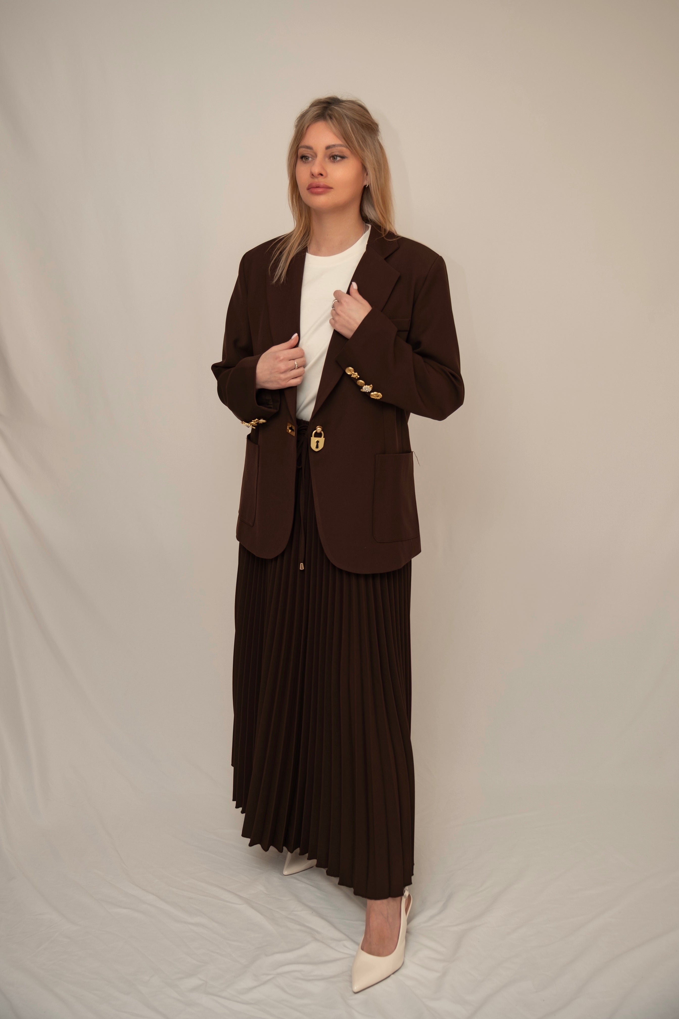 Chocolate Blazer & Pleated Midi Skirt Set