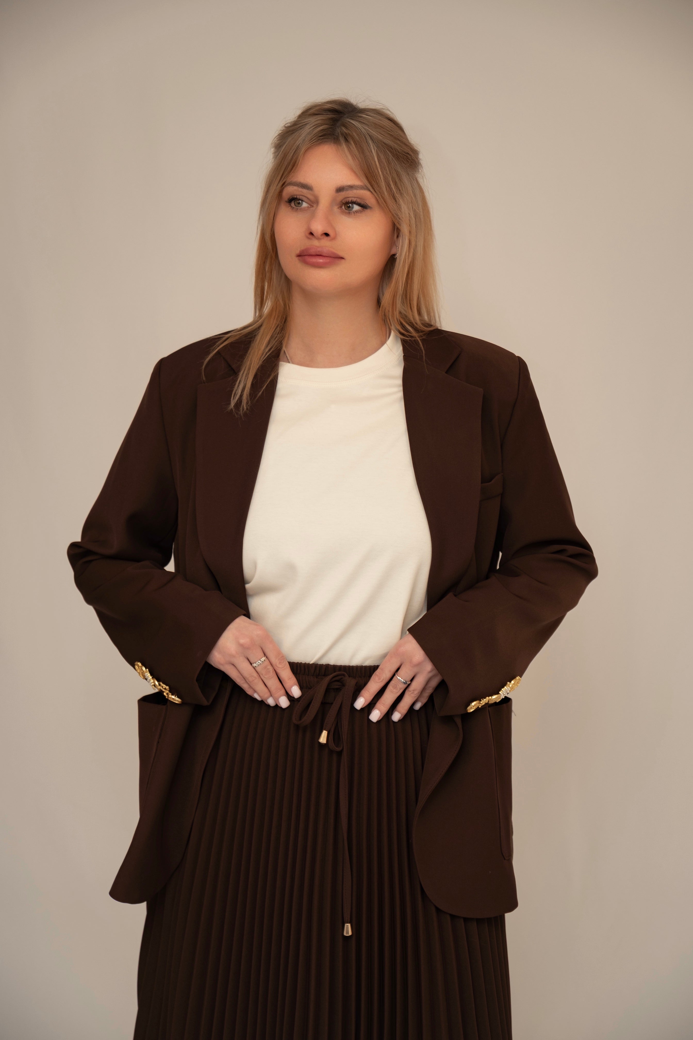 Chocolate Blazer & Pleated Midi Skirt Set
