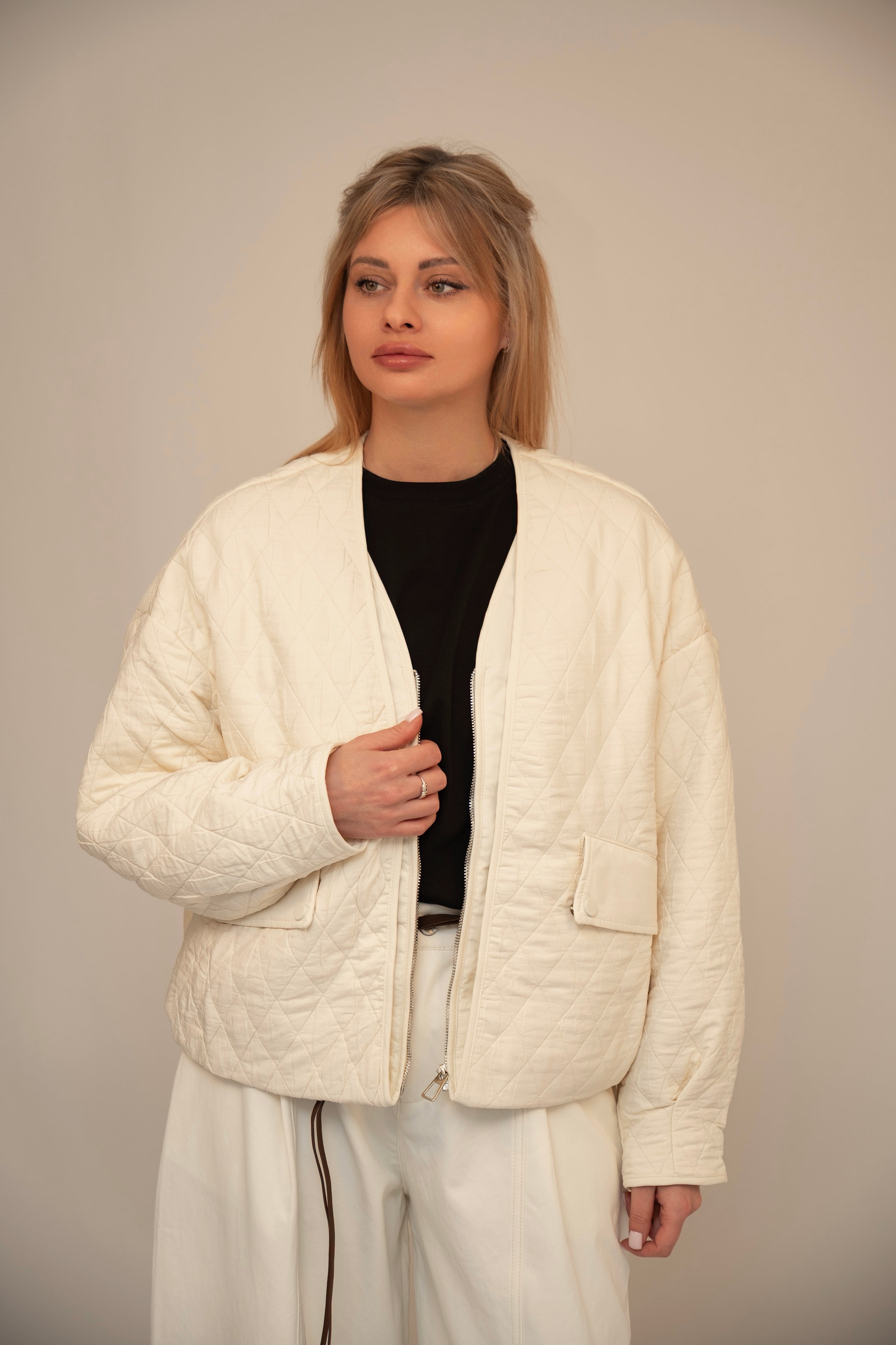Lightweight Quilted Zip Jacket – Ivory